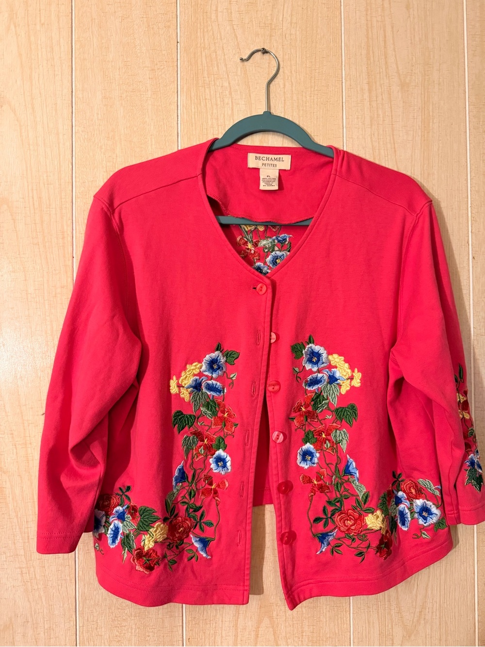 Bechamel Bright Red Pink Floral Embroidered Button-Front Cardigan Set